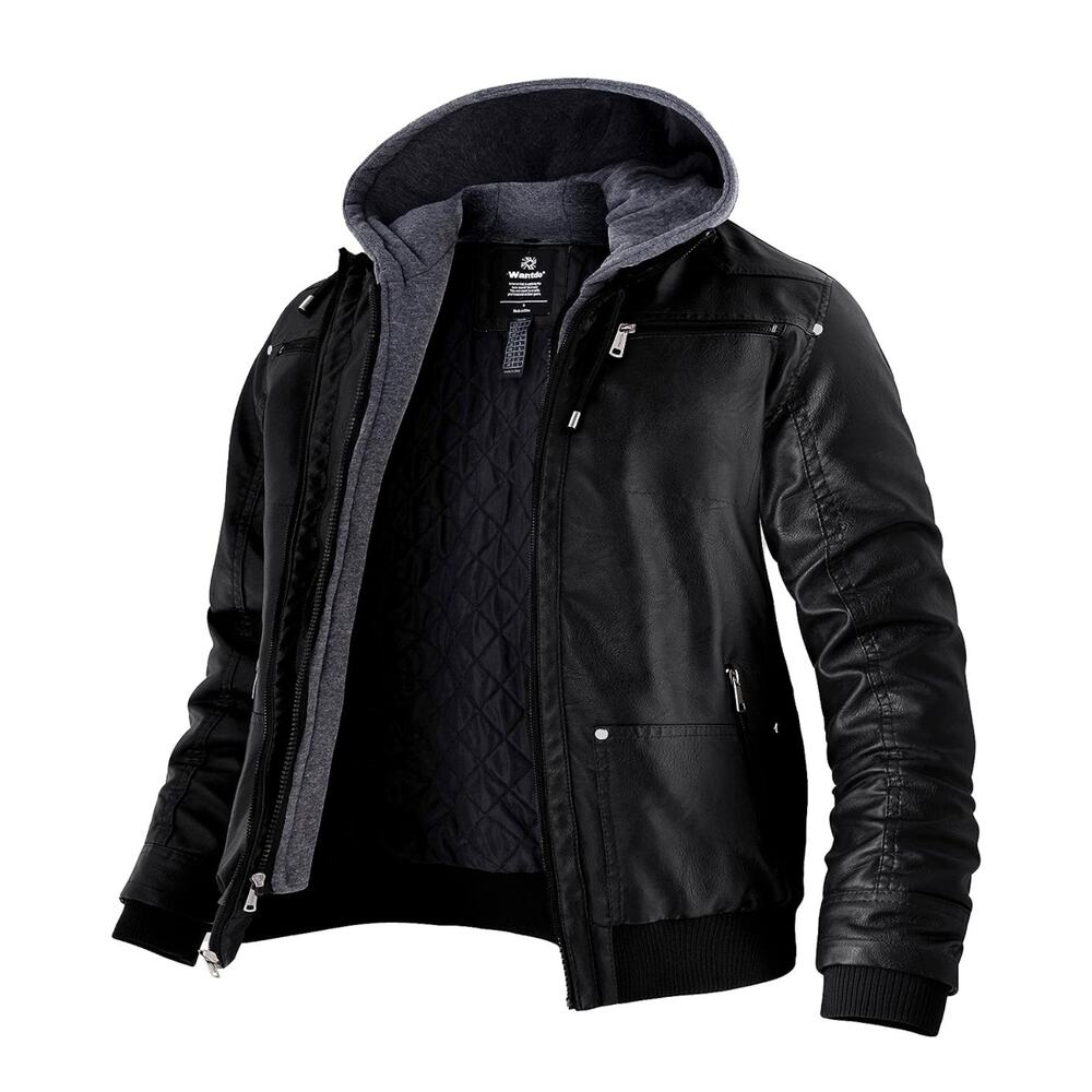 Wantdo Men's Faux Leather w/Removable Hood Motorcycle Jacket Winter Coat Small